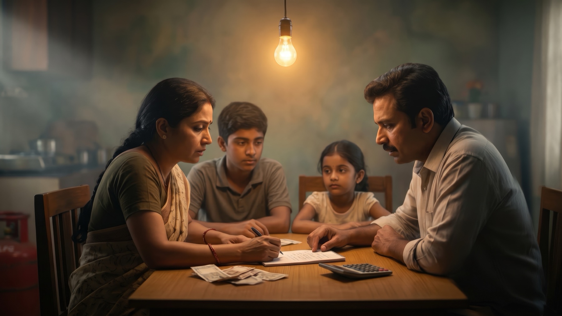 A mother doing the household budget by lamplight with her family — the monthly ritual