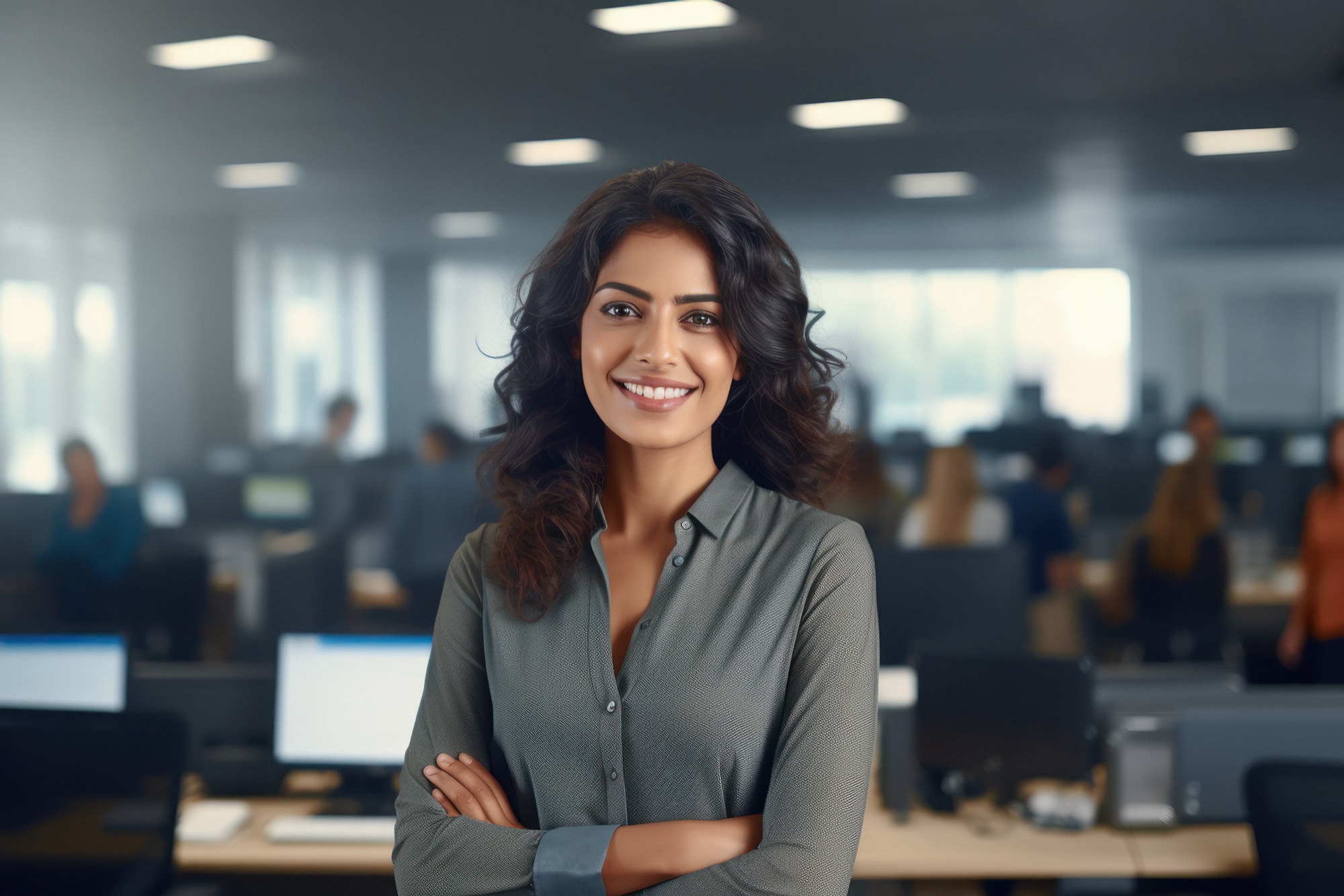 A confident businesswoman standing in a busy office — someone who builds both a business and a community