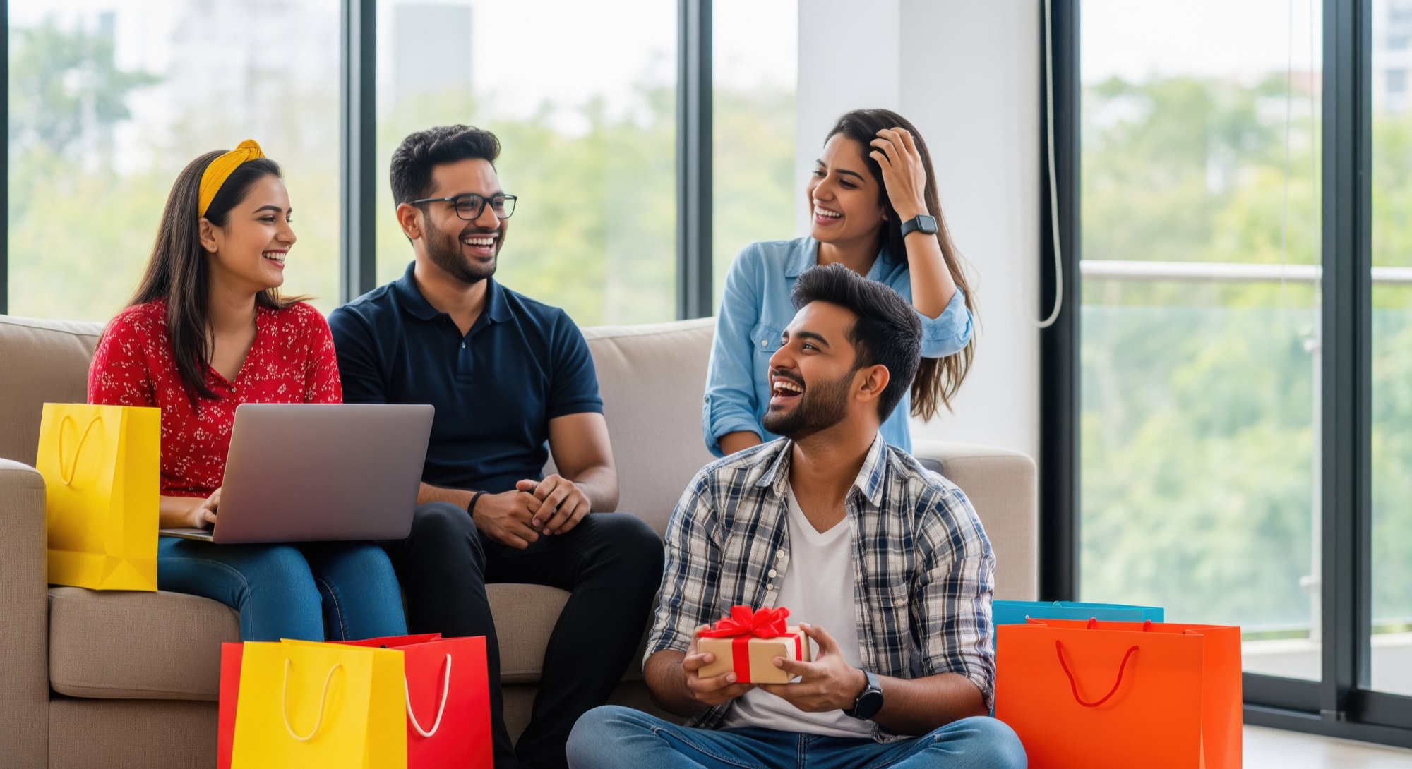 Friends laughing together with shopping bags and a gift — the trust a Chapter is built on