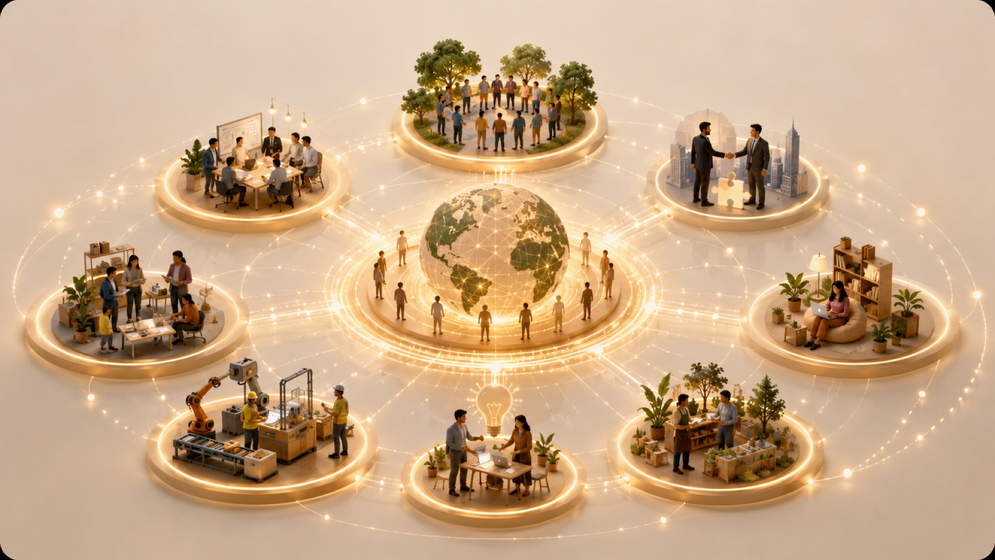 A world of connected communities — offices, homes, workshops, and farms — linked around a shared globe