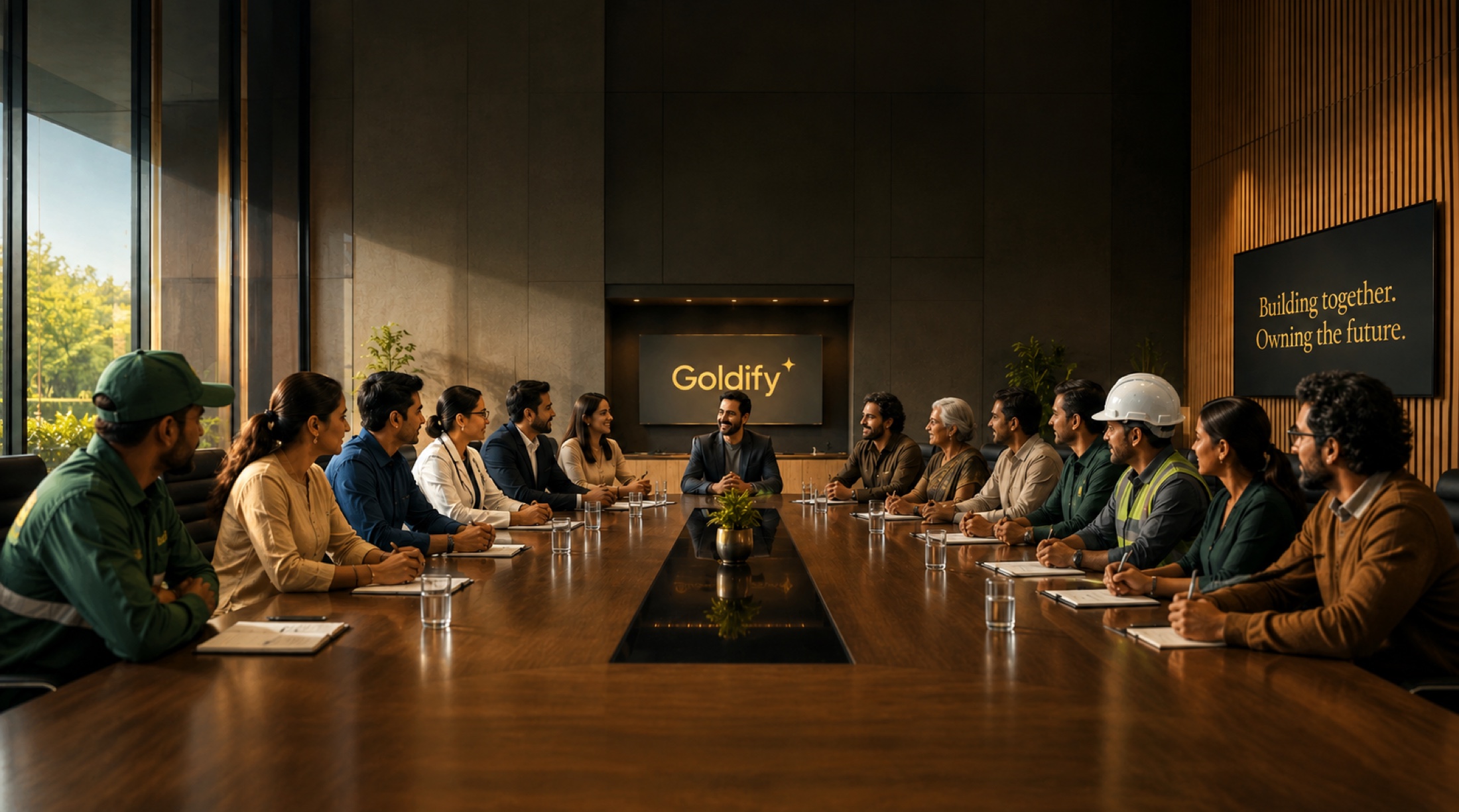 A diverse group — office staff, healthcare, and field workers — seated together around one table