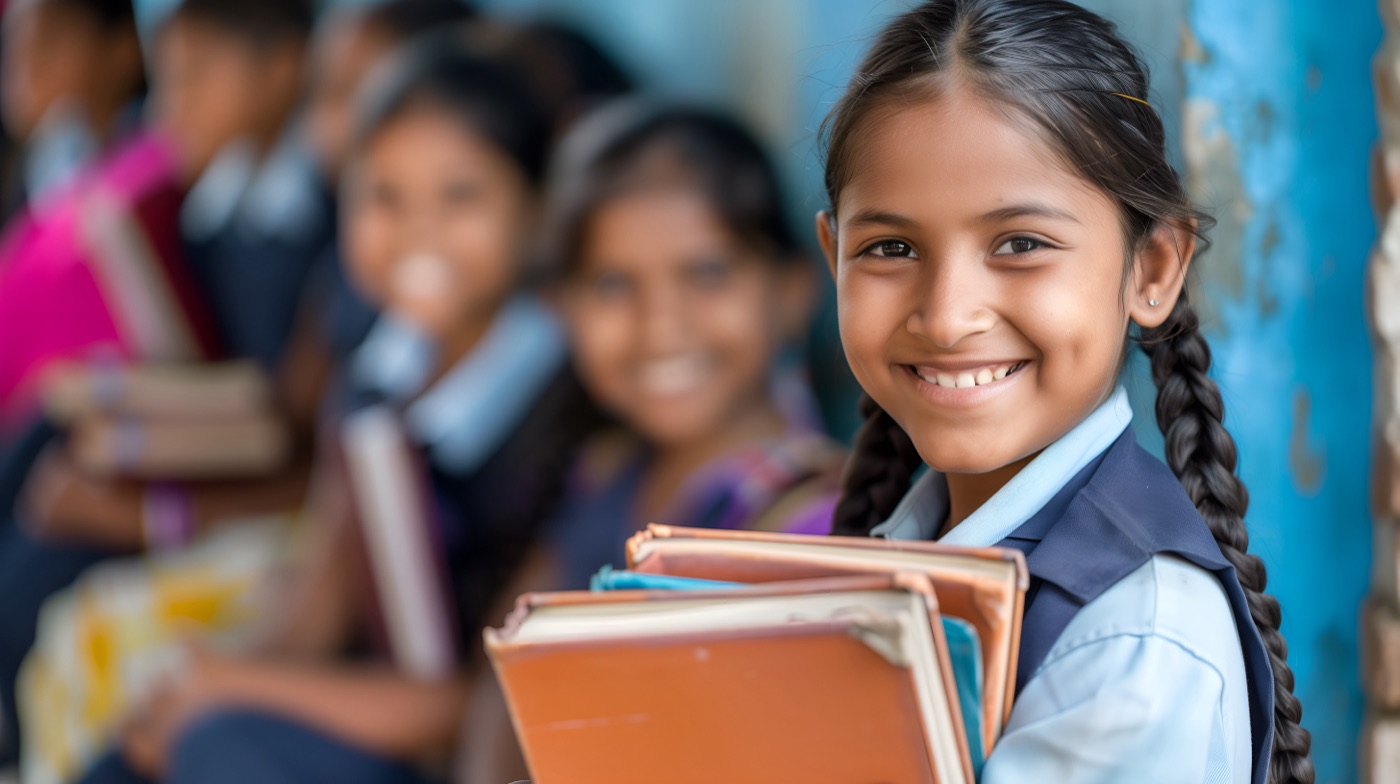 A schoolgirl smiling with her books