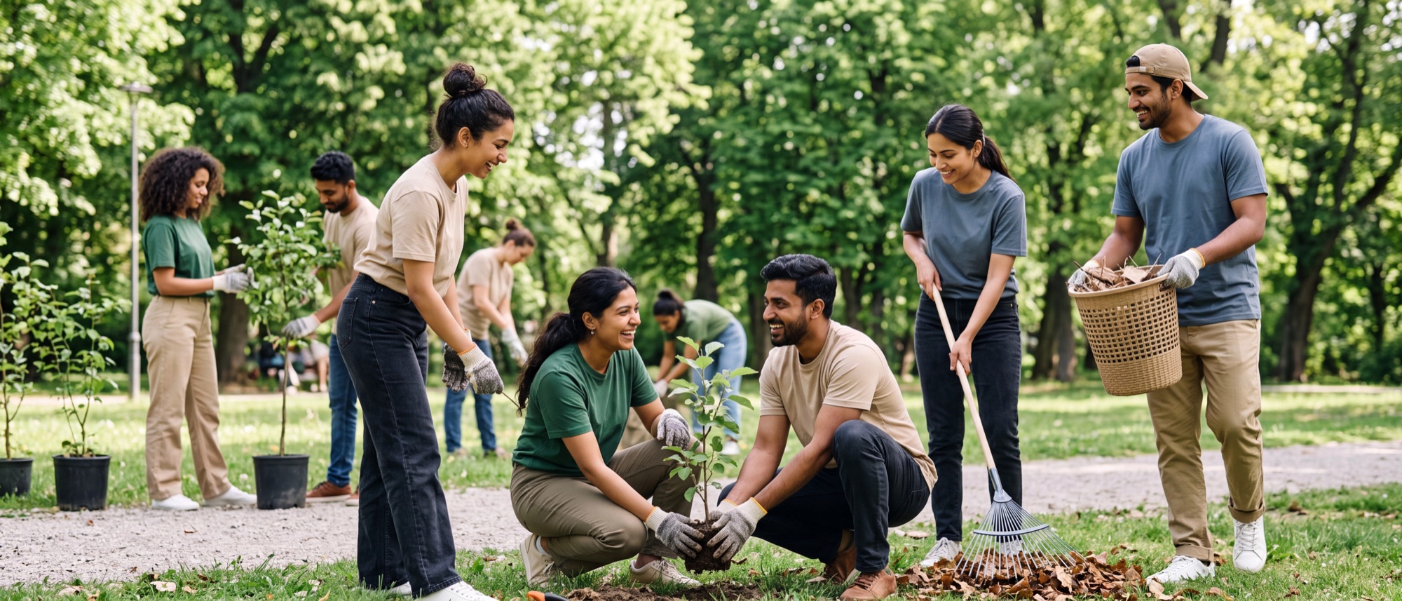 Volunteers planting trees together in a park