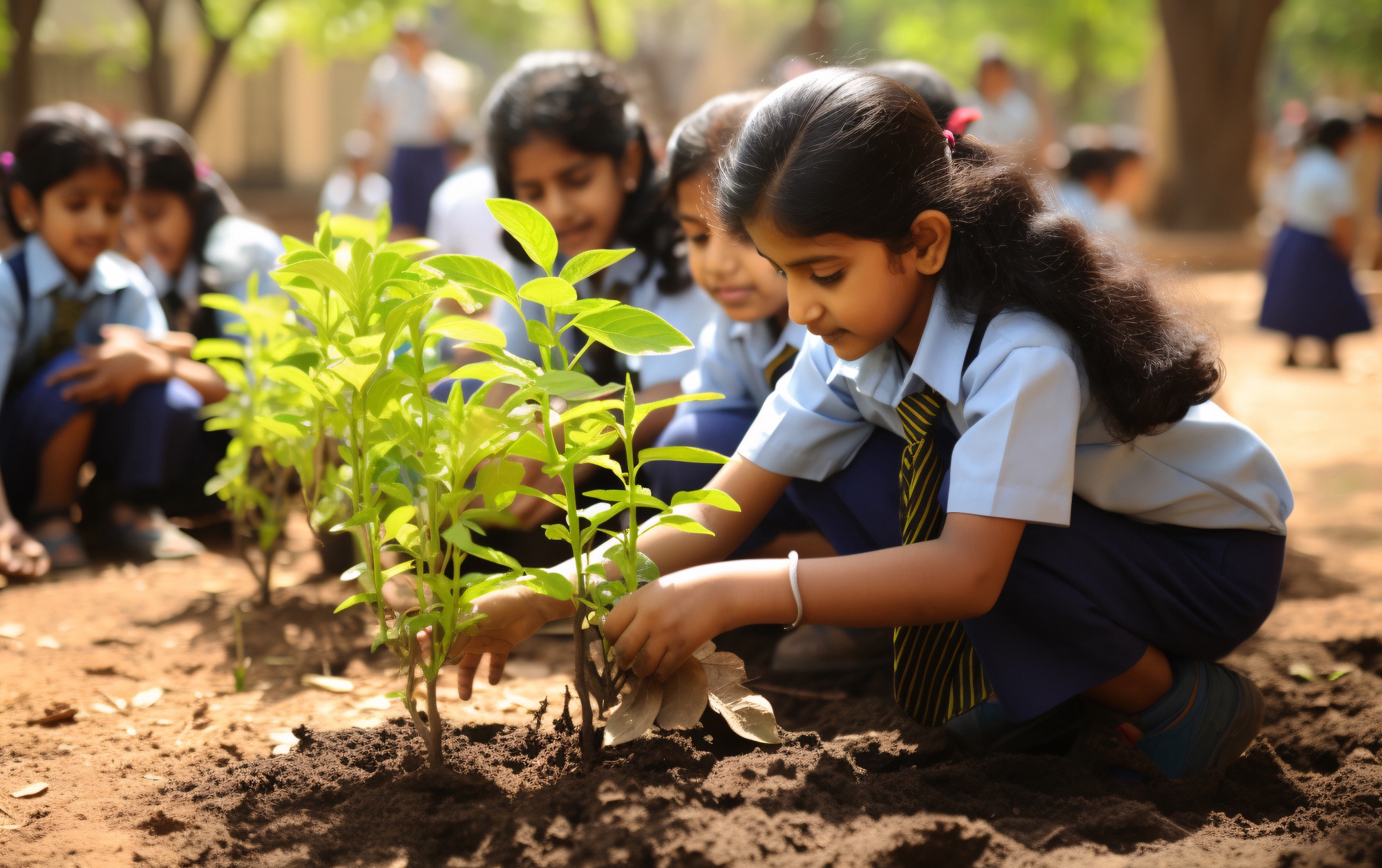 Schoolgirls planting saplings together