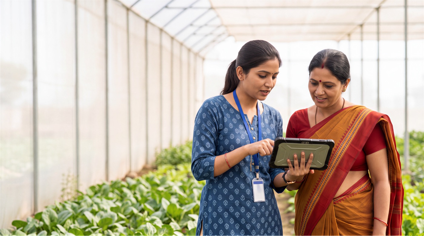 A field officer showing farm data to a farmer on a tablet