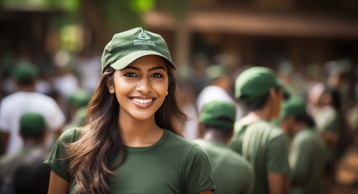 A volunteer among a larger group of community volunteers