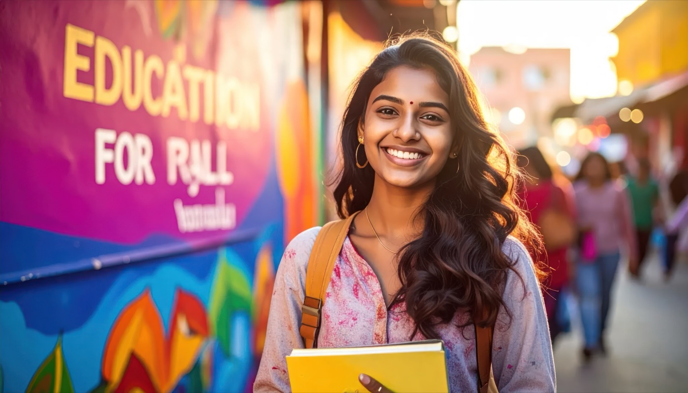 A student in front of an education mural