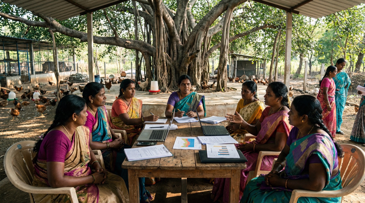 A women's self-help group meeting to review their livelihood programme