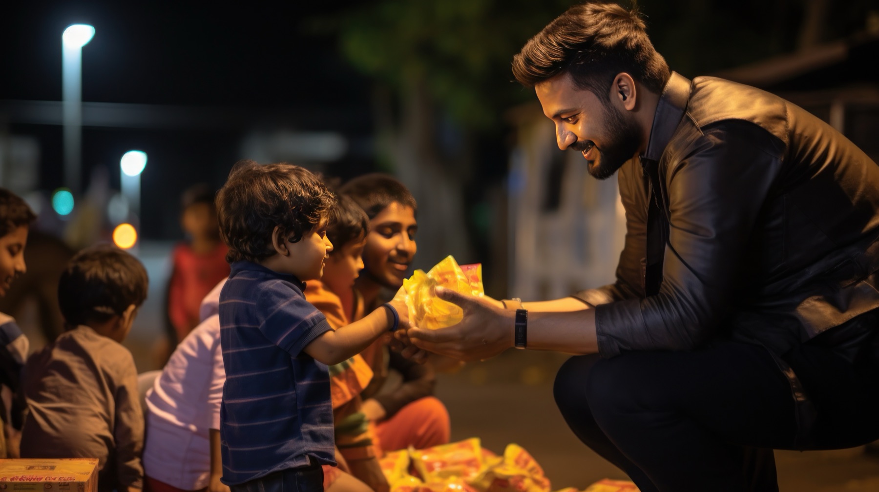 A volunteer handing out food to children at night